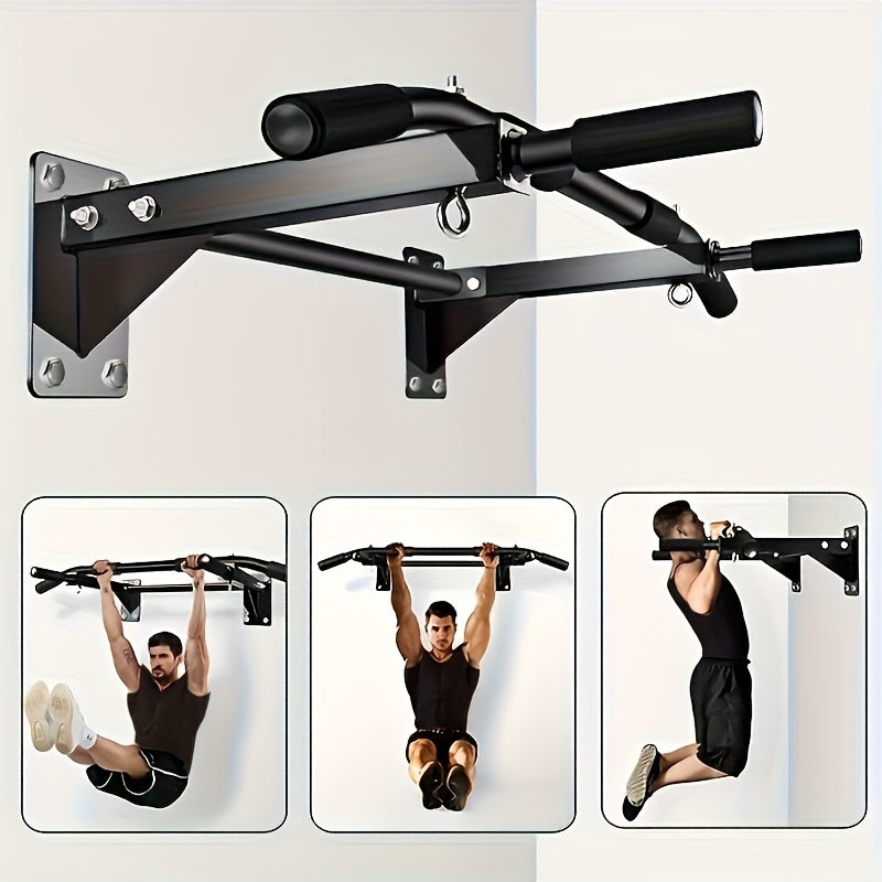 Wall mounted pull-up bar with a man demonstrating its use on a light gray background
