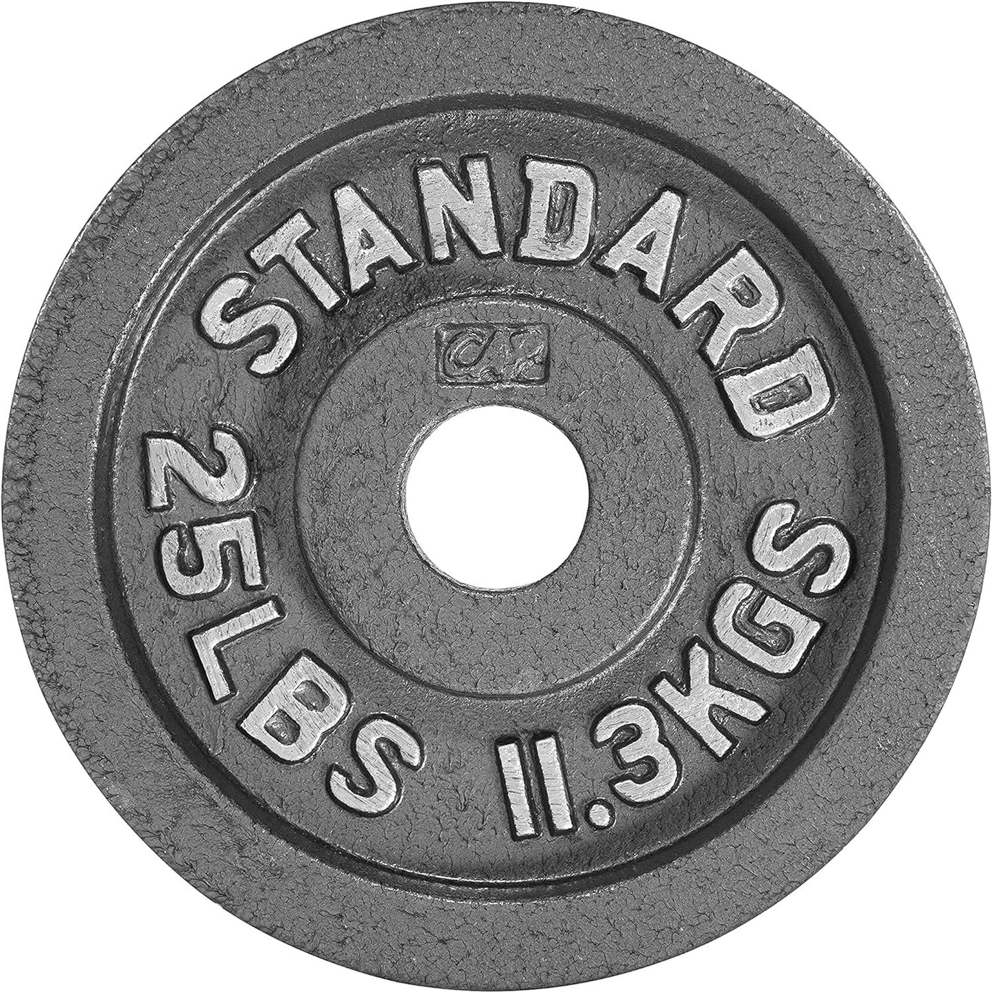 Weight plate with 'Standard 25lbs 11.3kgs' text on a white background