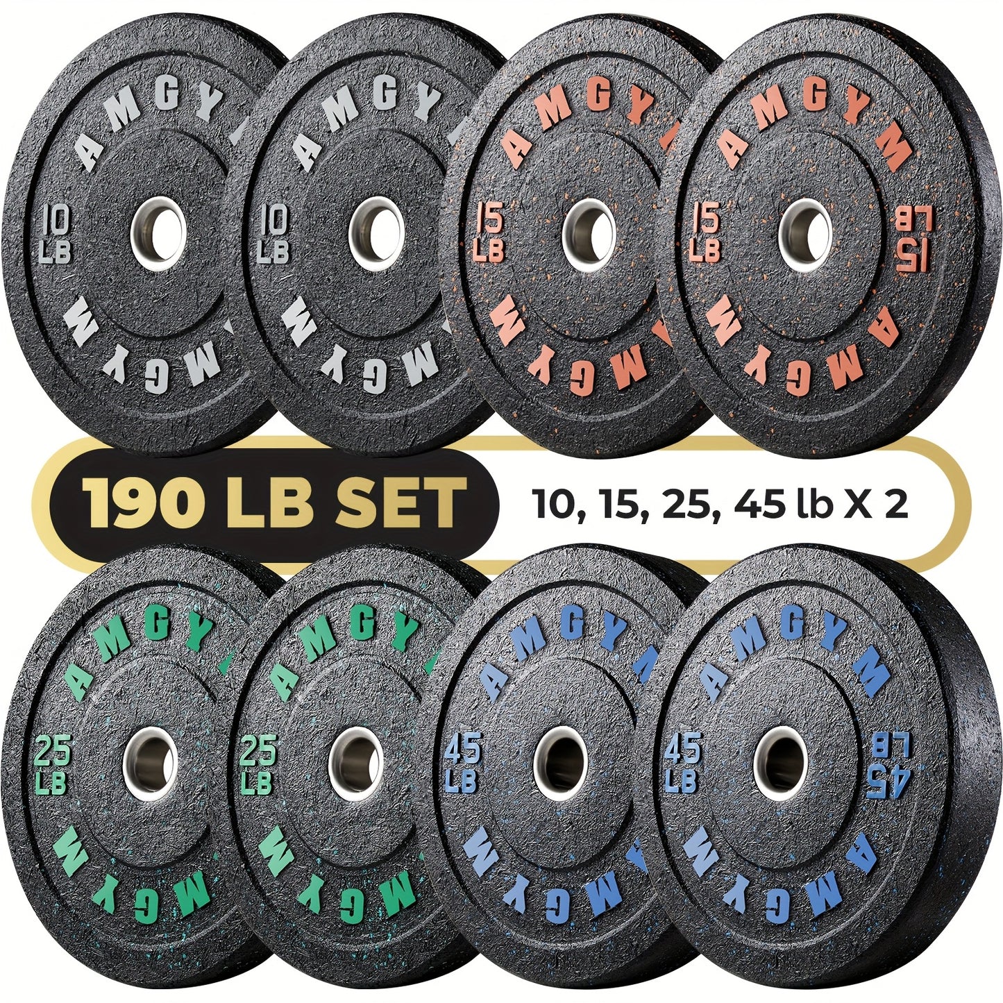 Set of weight plates with color-coded weight markings on a white background