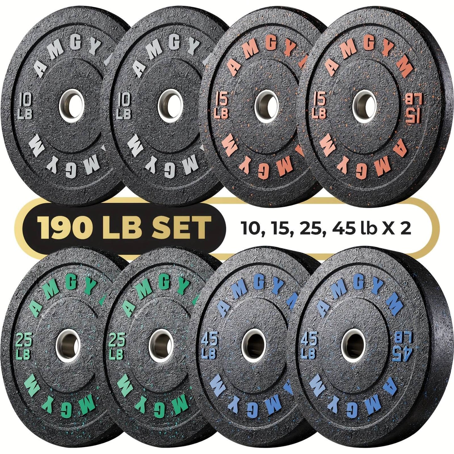 Set of weight plates with color-coded weight markings on a white background