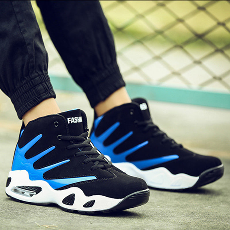 A black and blue high-top sneakers 