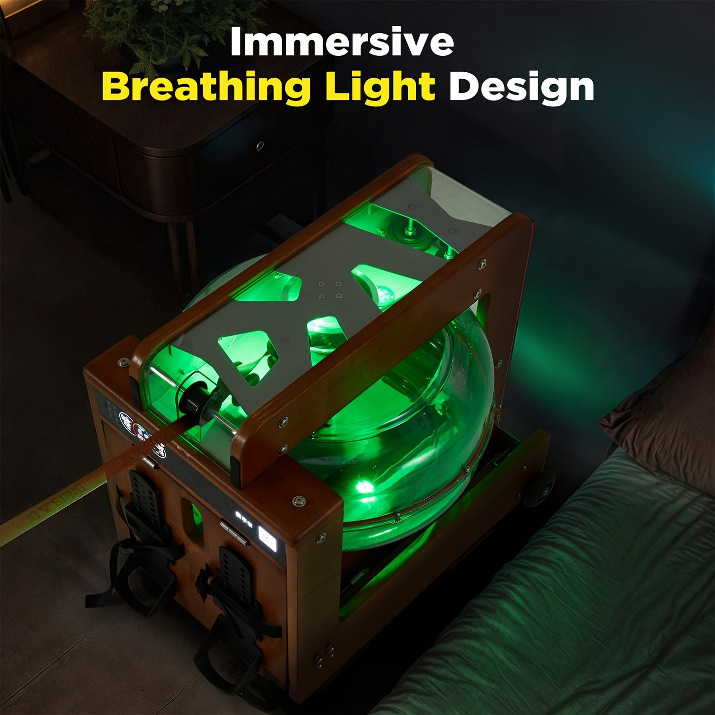Green breathing light foldable rowing machine on a dark surface 