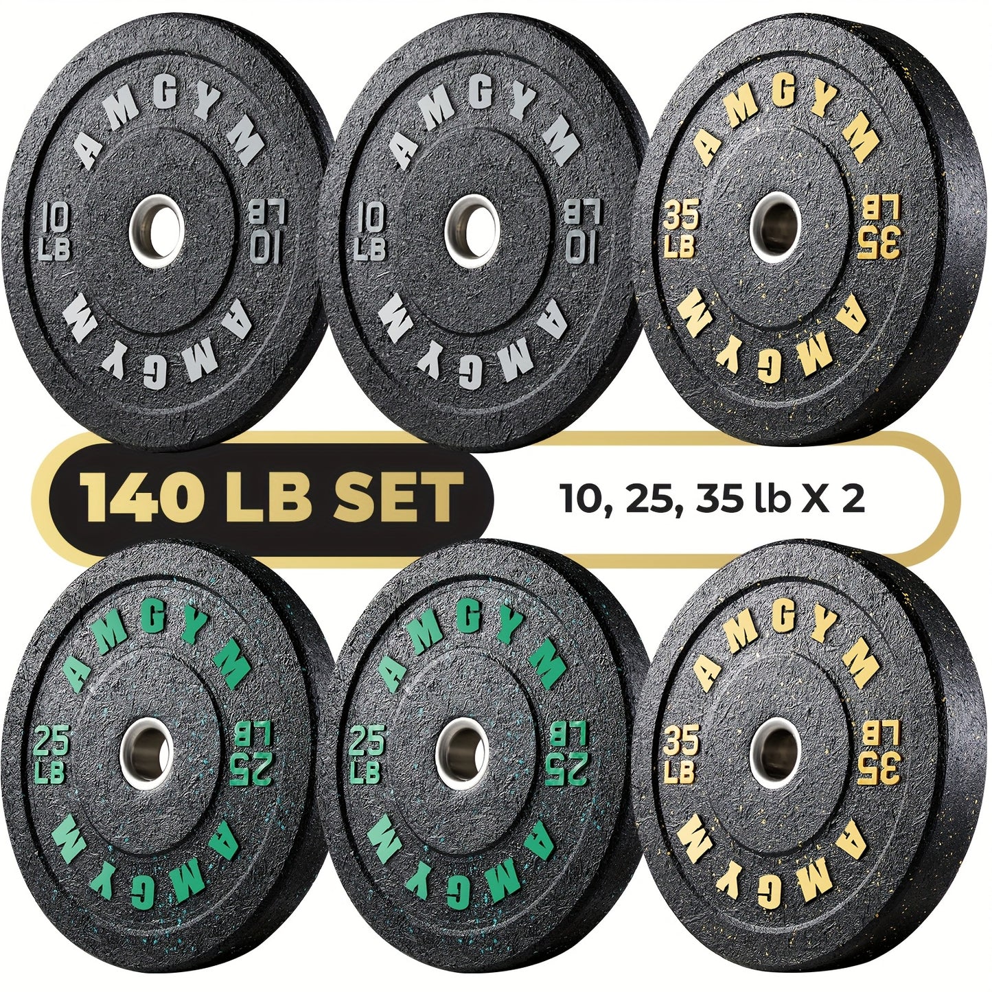 Set of bumper plates with weight labels on a white background