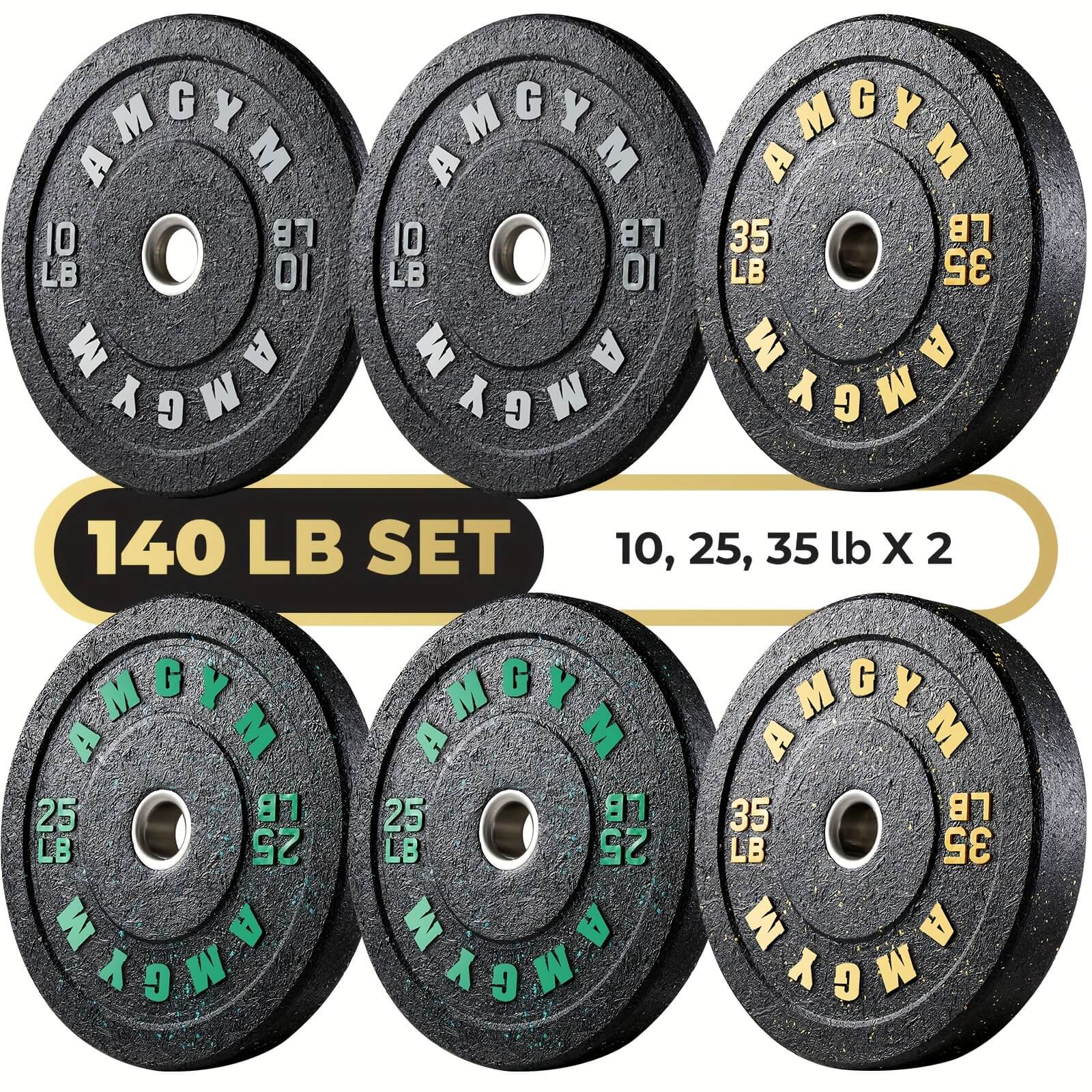 Set of bumper plates with weight labels on a white background