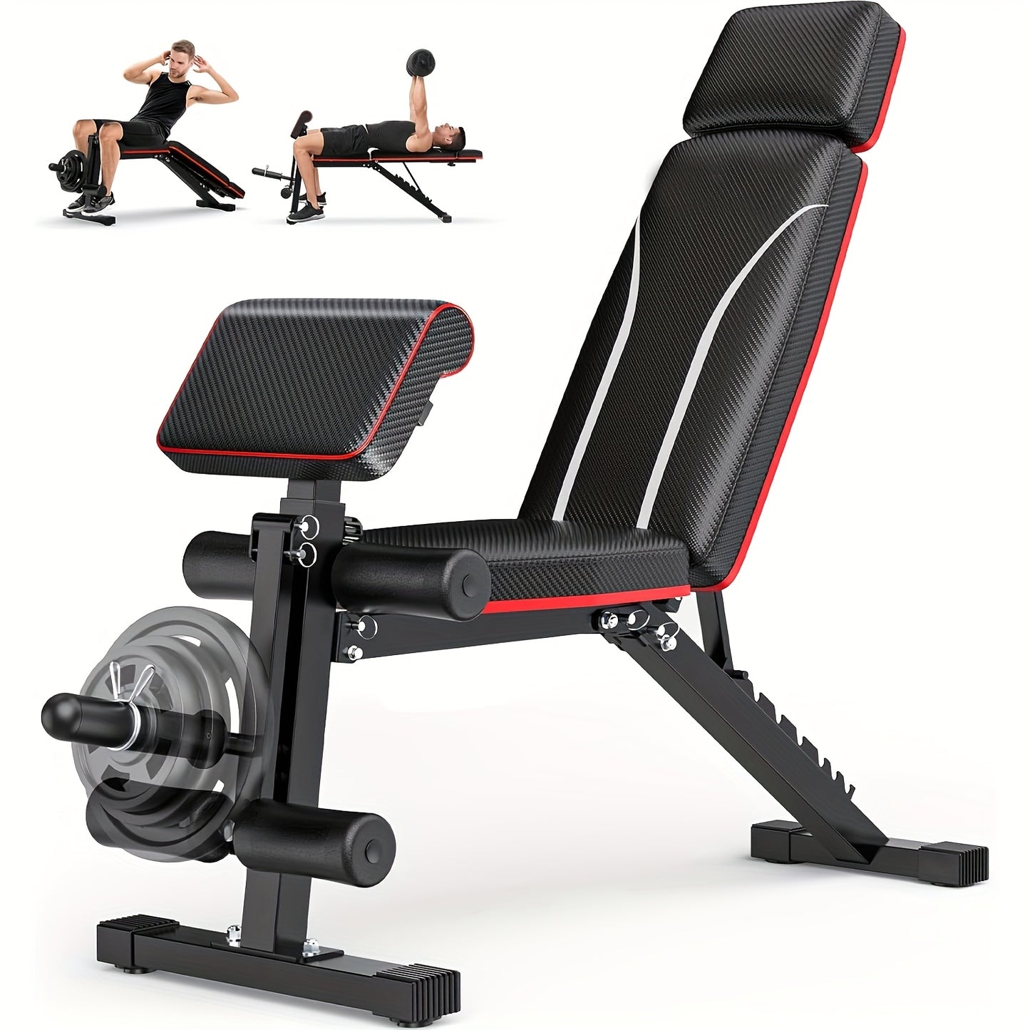Black and red adjustable weight bench with people exercising in the background
