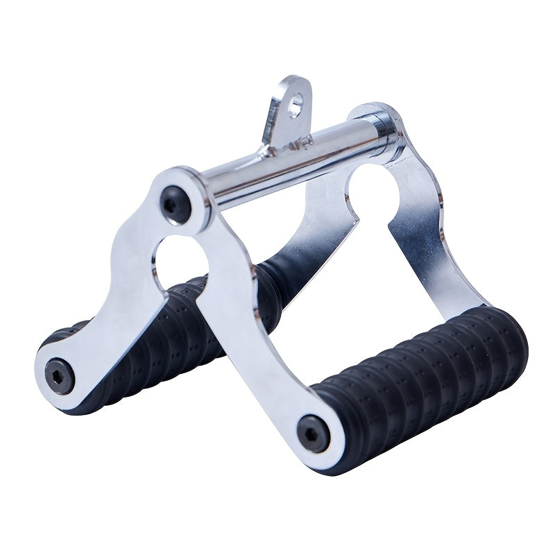 Metallic T bar row handle with black rubber grips on a white background