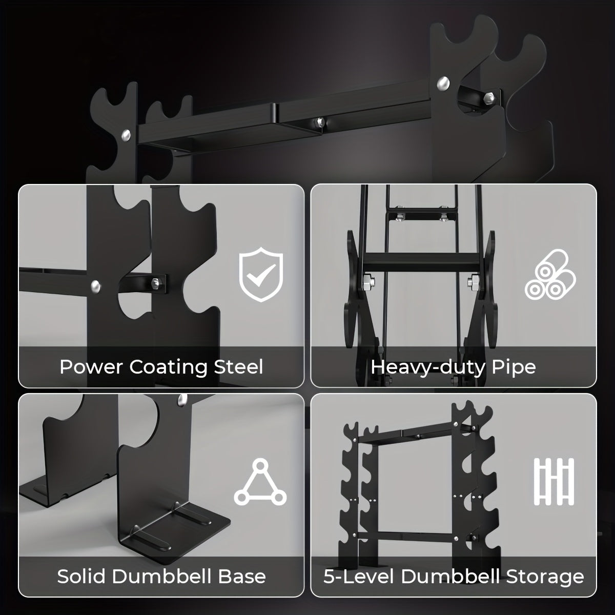Dumbbell rack with features highlighted on a dark background