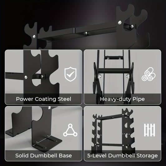 Dumbbell rack with features highlighted on a dark background