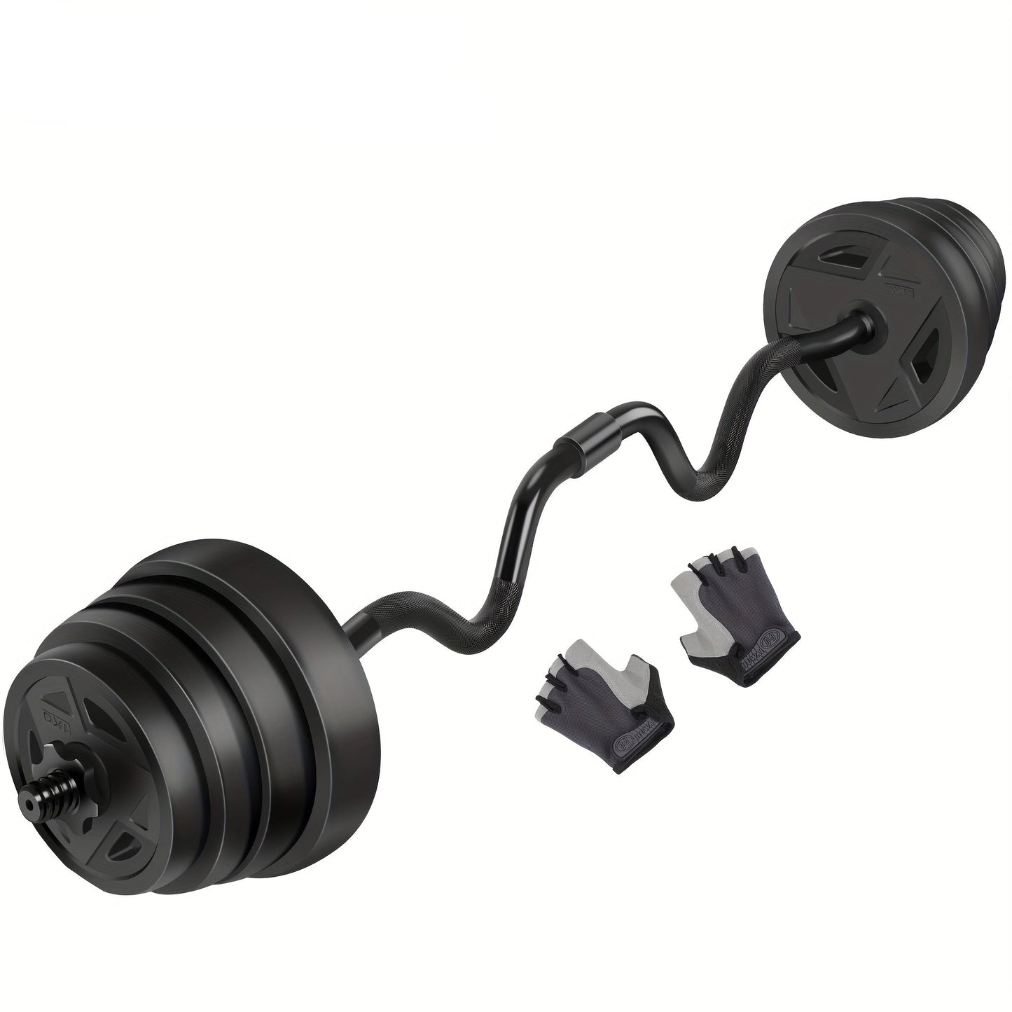 Barbell set with weights and gloves on a white background, featuring a US seller badge.
