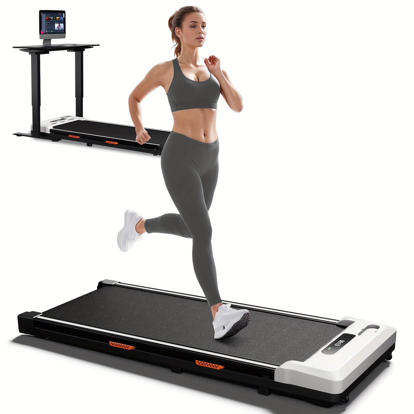 Woman running on a Airhot 2-in-1 under desk treadmill with a white background