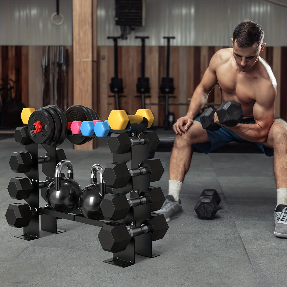 Man exercising with dumbbells on a rack in a gym setting