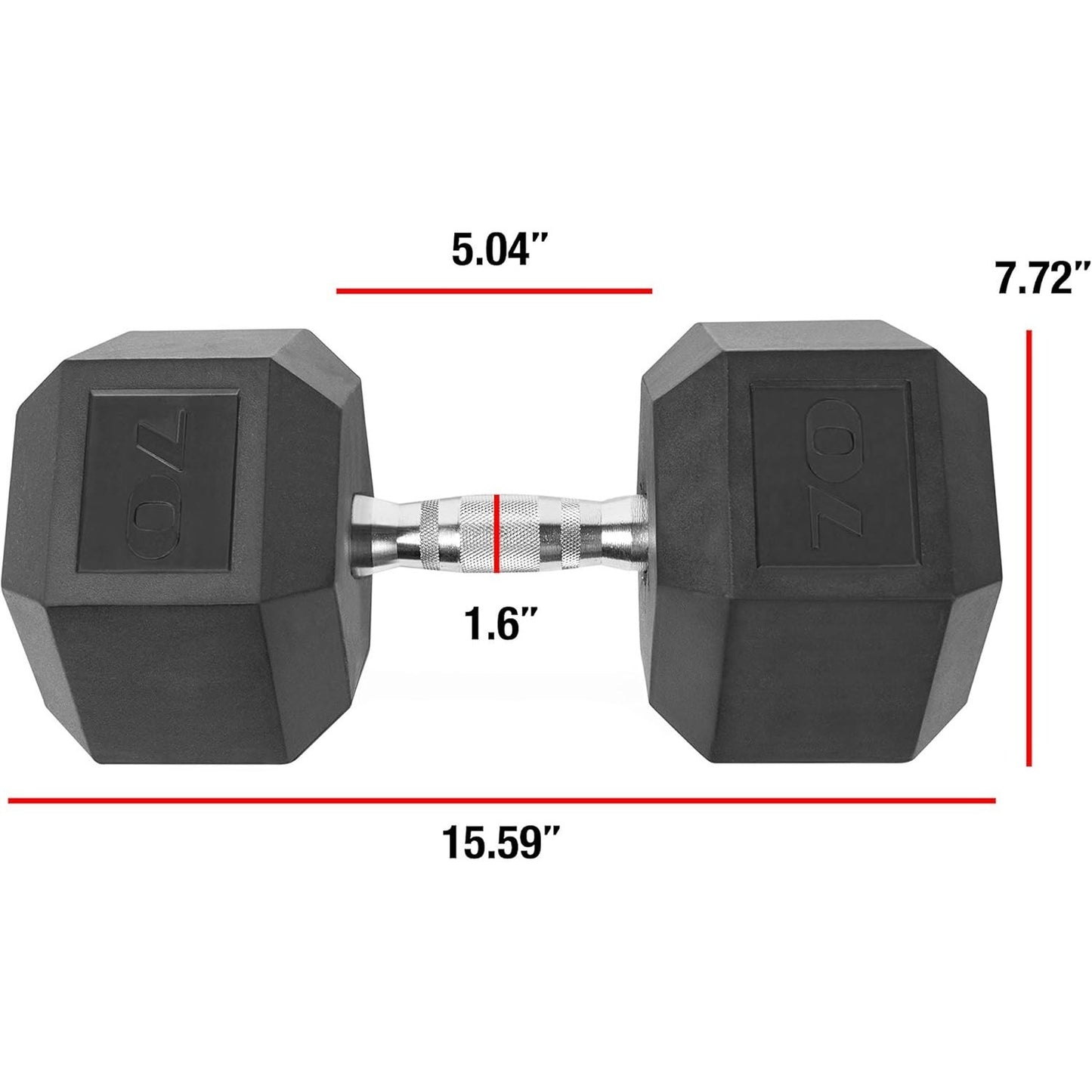 Hexagonal dumbbells with measurements on a white background