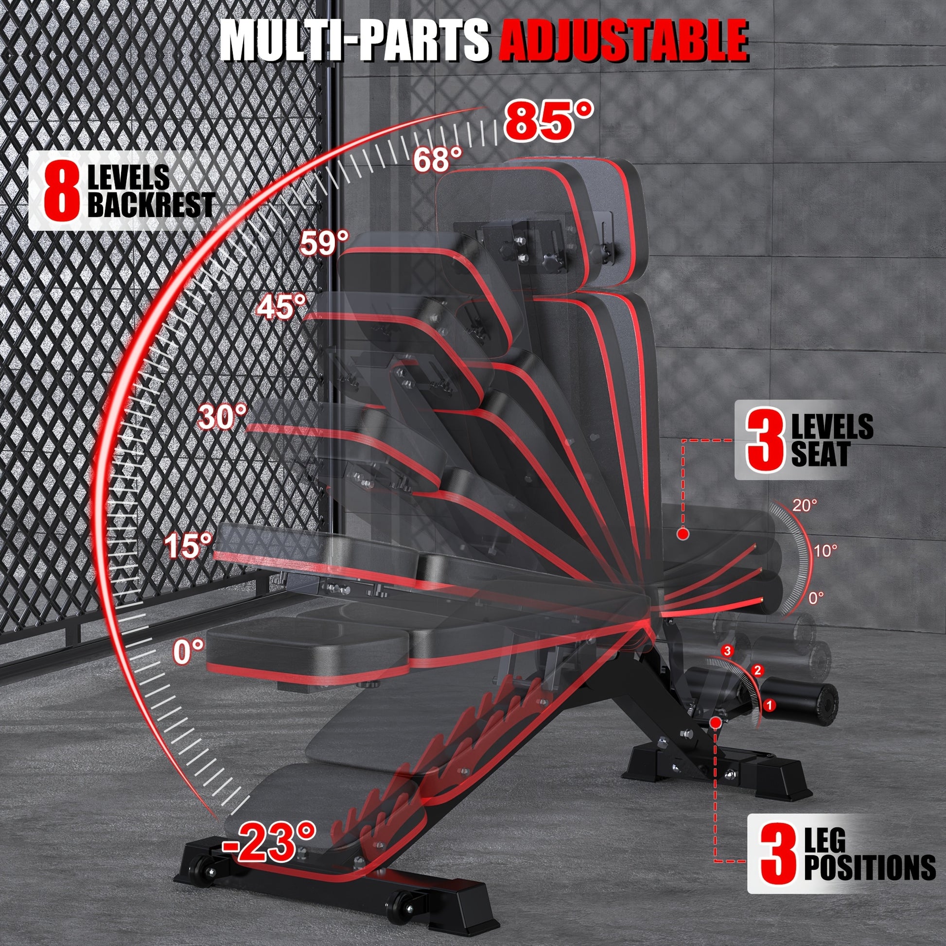 Adjustable gym bench with multi-part design and angle measurements on a gray background