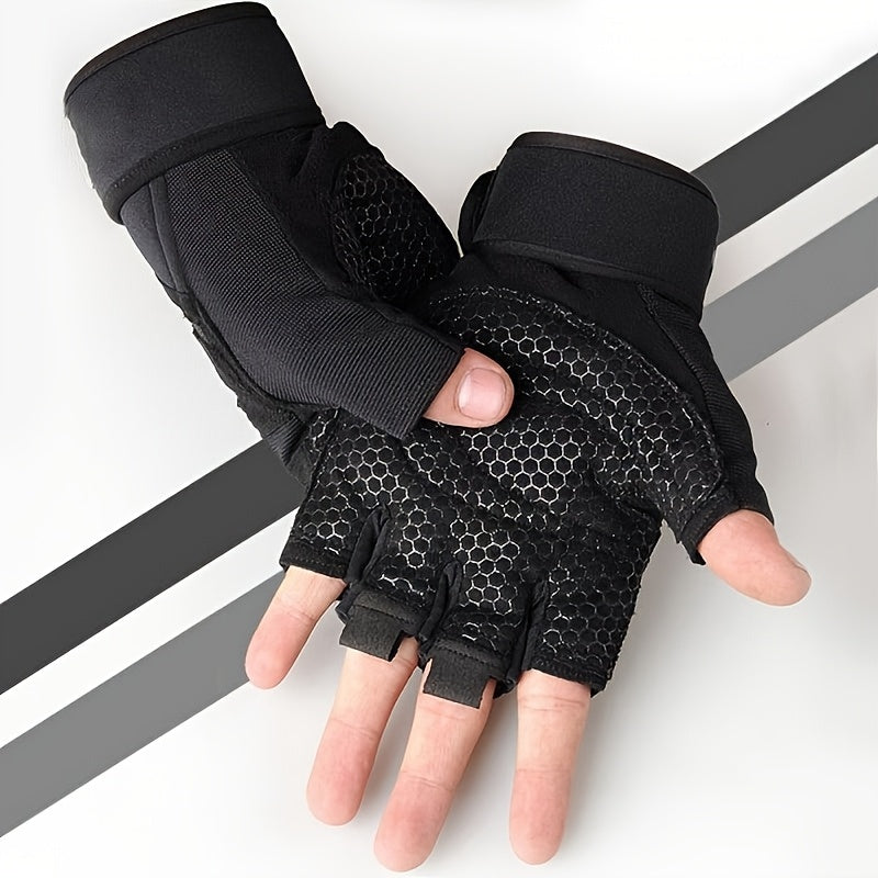 Black padded workout gloves sold by 100 Spartans with honeycomb pattern on a white background