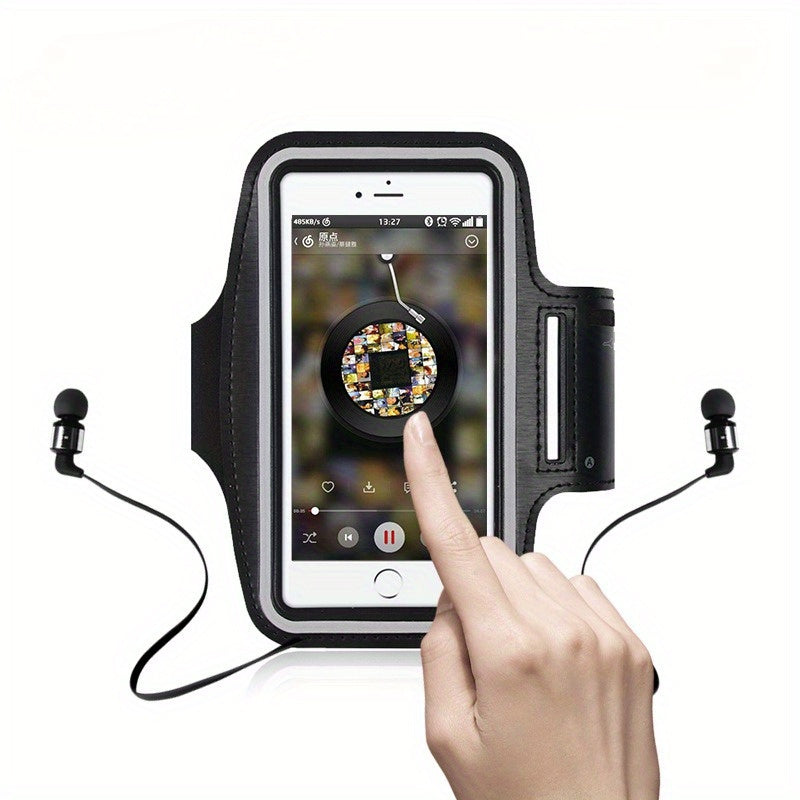 Phone holder for running​ with earphones and a hand interacting with the phone screen on a white background