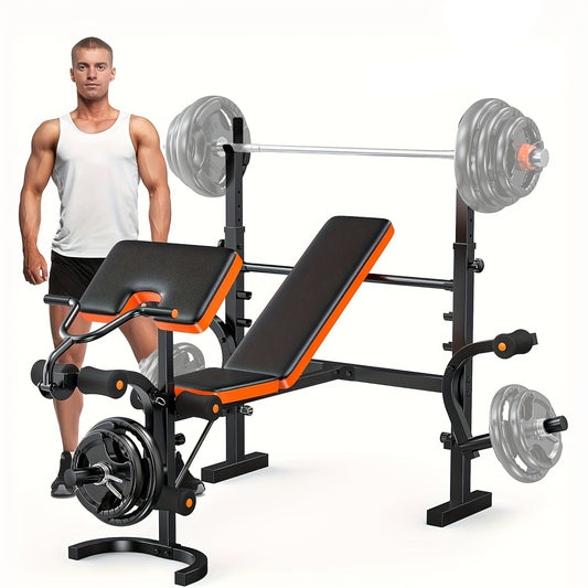 Bench press setup with weights and a man standing next to it