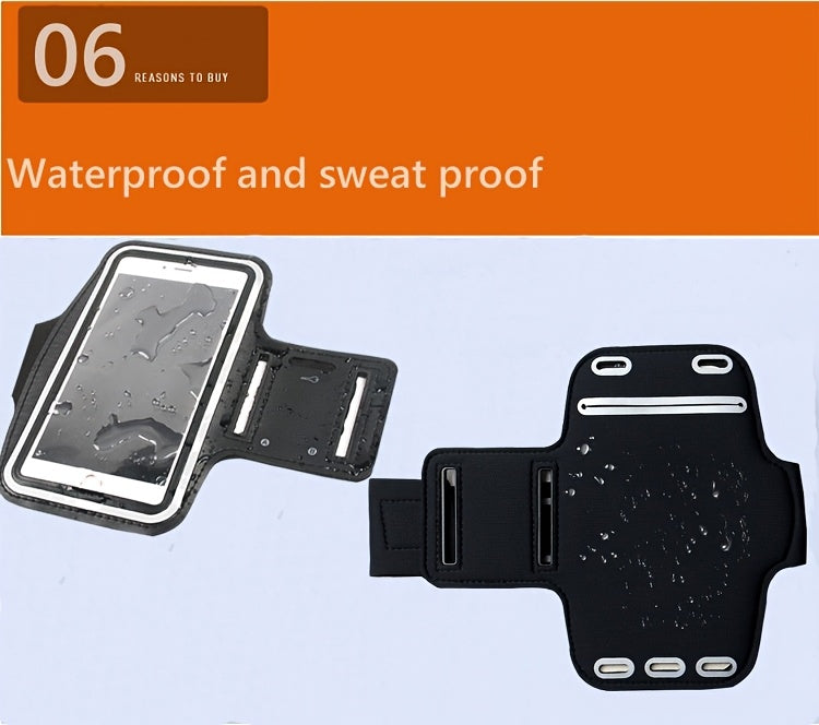 Black phone holder for running with waterproof feature on a light blue background