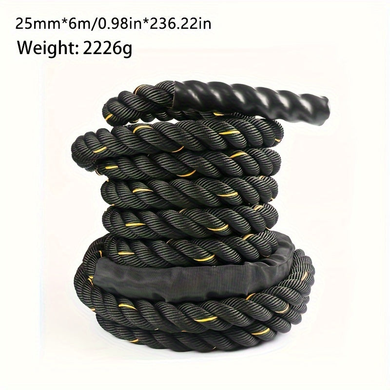 Black exercise battle rope with gold accents on a white background, showing dimensions and weight.