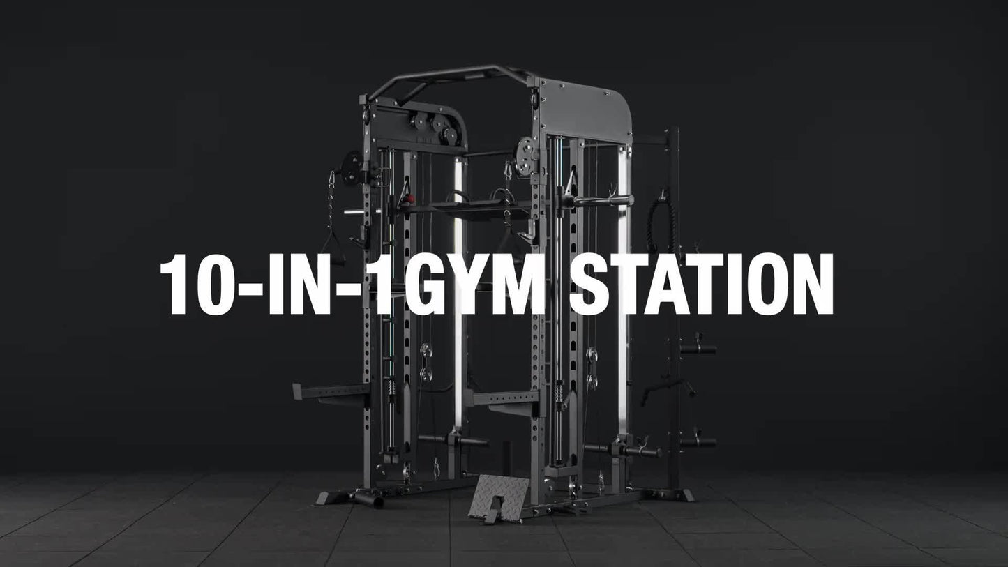 A home gym smith machine that can be used as a 10-in-1 gym station for workouts on a dark background with text overlay.