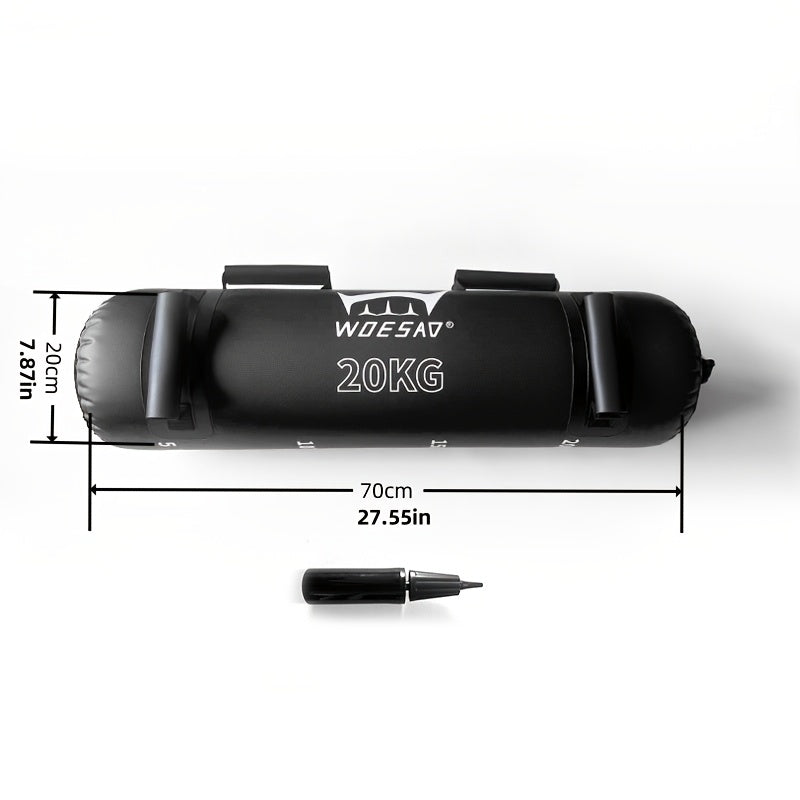 Black water weight bag​ with dimensions on a white background