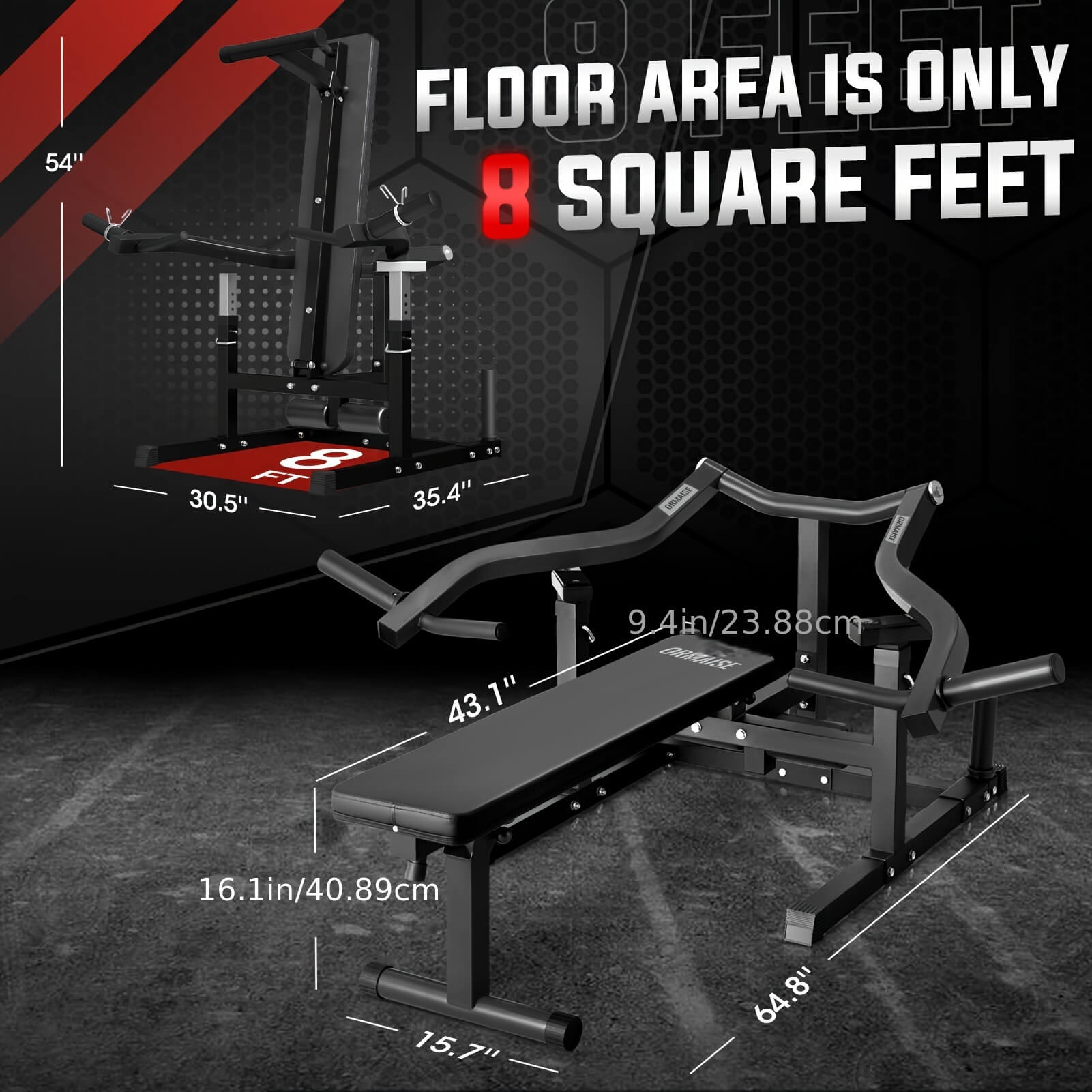 Chest press machine with dimensions displayed on a dark floor area