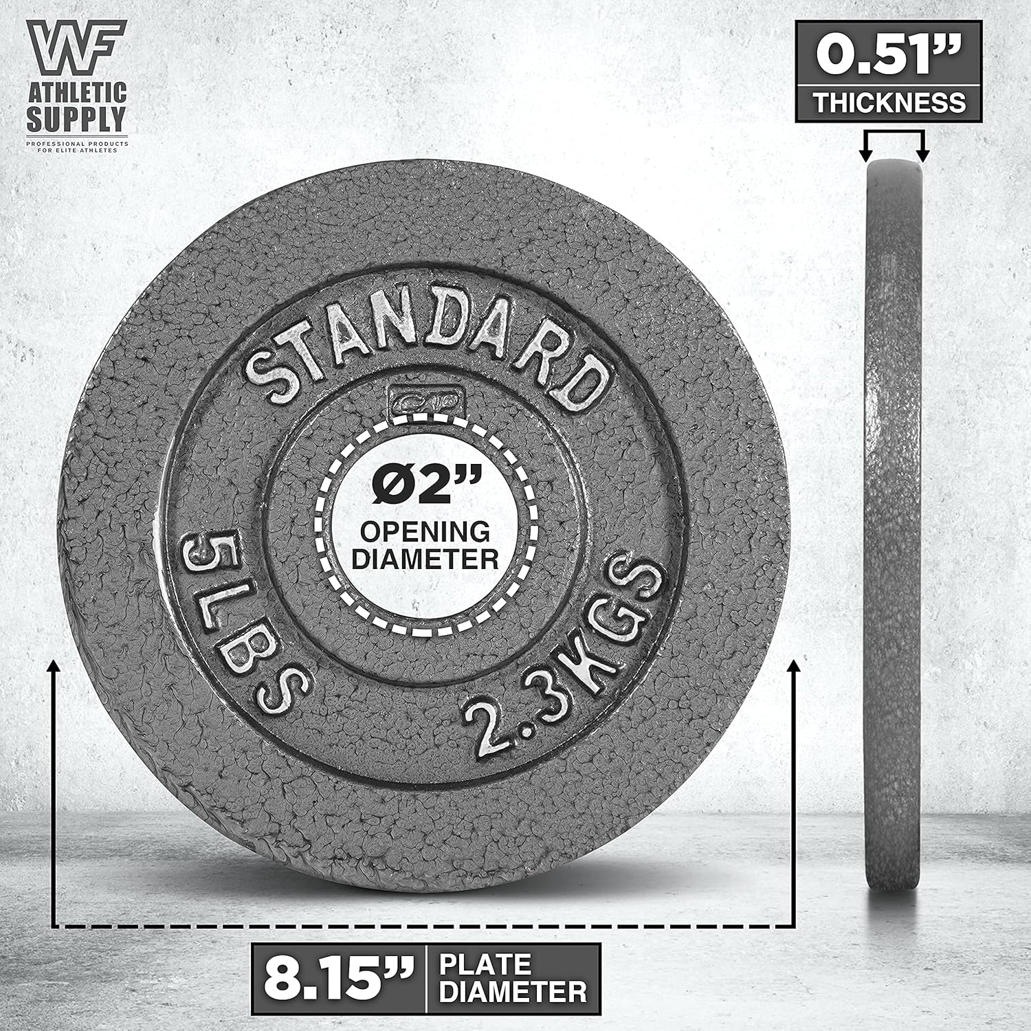 Gray weight plate with measurements  on a light gray background