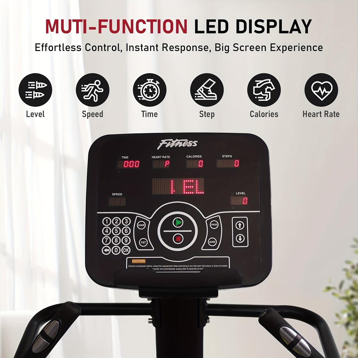 Multifunctional LED display on a piece of stair limber machine with various control icons.