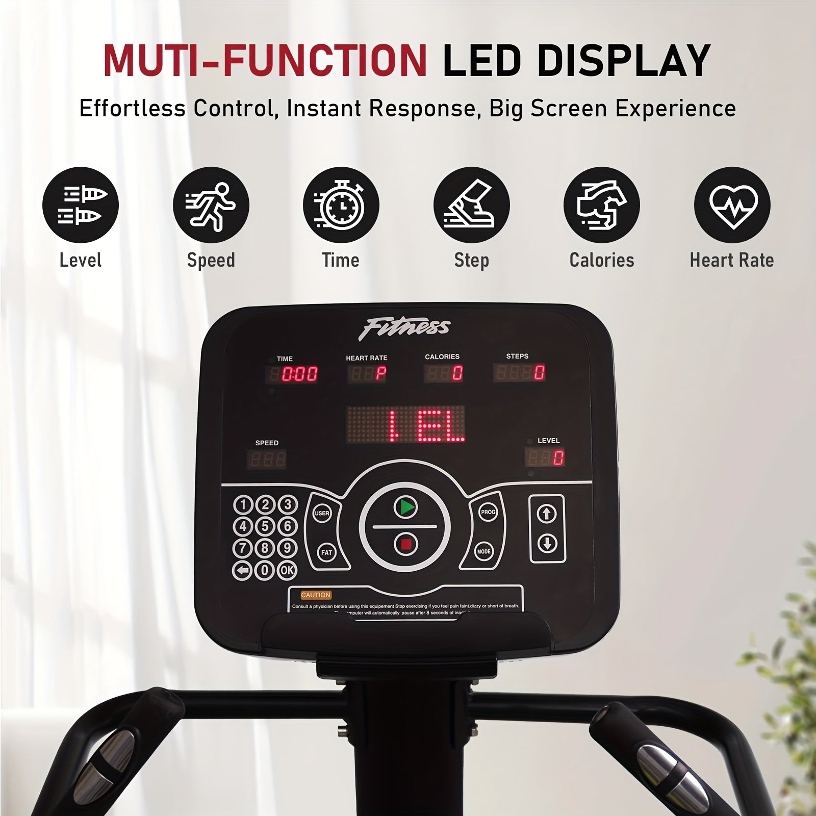 Multifunctional LED display on a piece of stair limber machine with various control icons.
