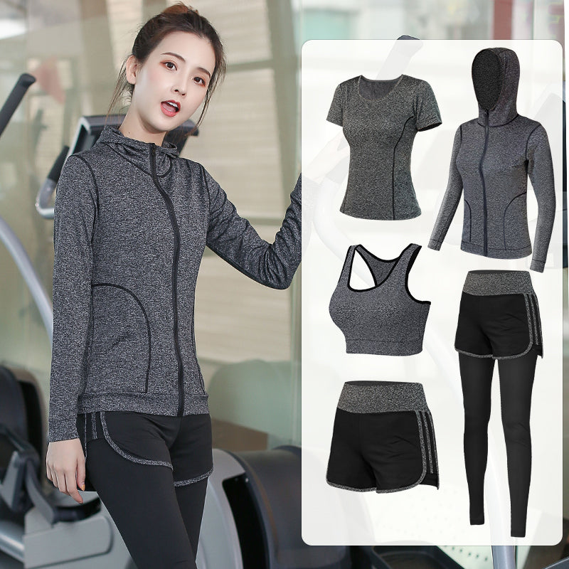 Woman wearing a gray 5 Piece Yoga Clothes For Women with inset images of the outfit pieces.