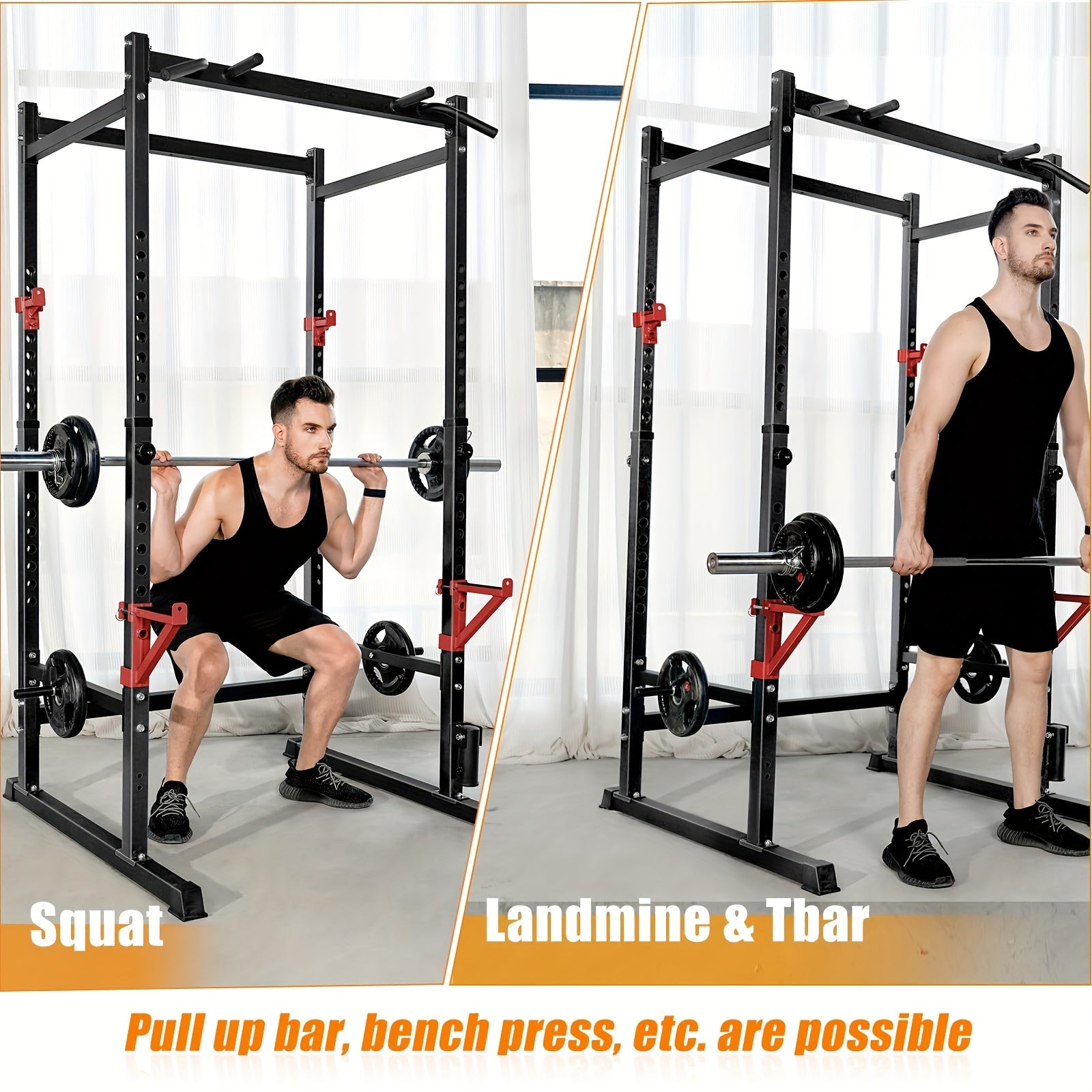 Man using a black and red squat smith machine with various exercises demonstrated.
