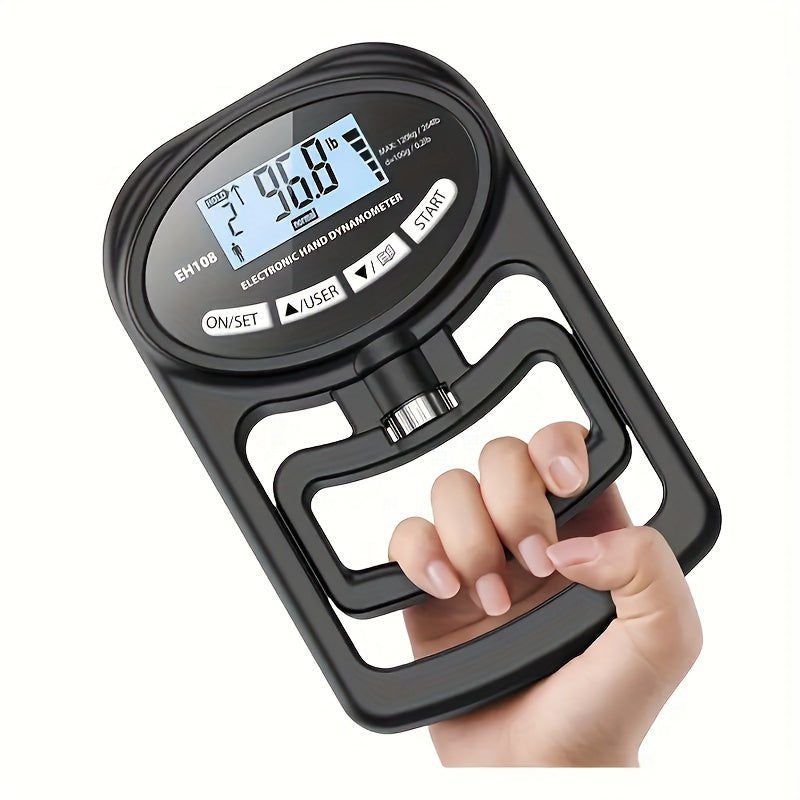 Hand Grip Strength Dynamometer held by a hand on a white background