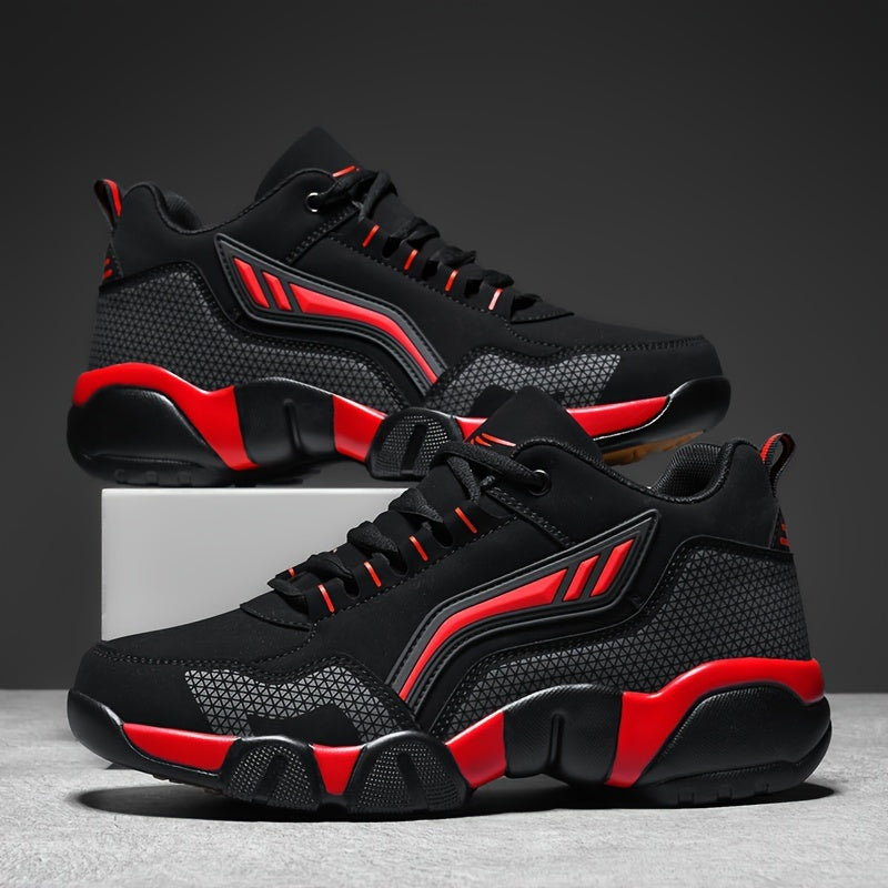 Black and red lace up sneakers on a gray background