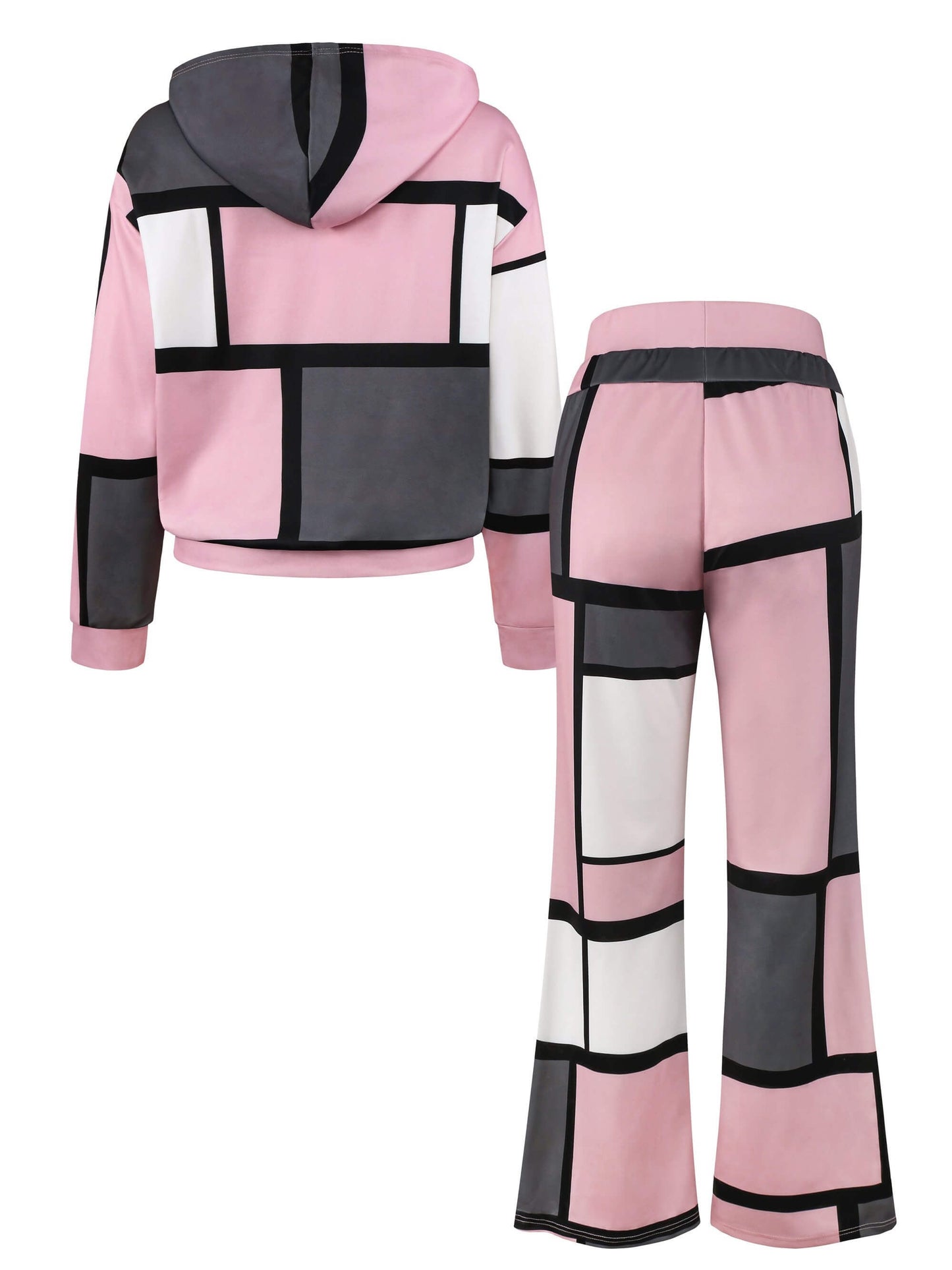 Pink and gray hoodie and pants women's two piece lounge set on a white background