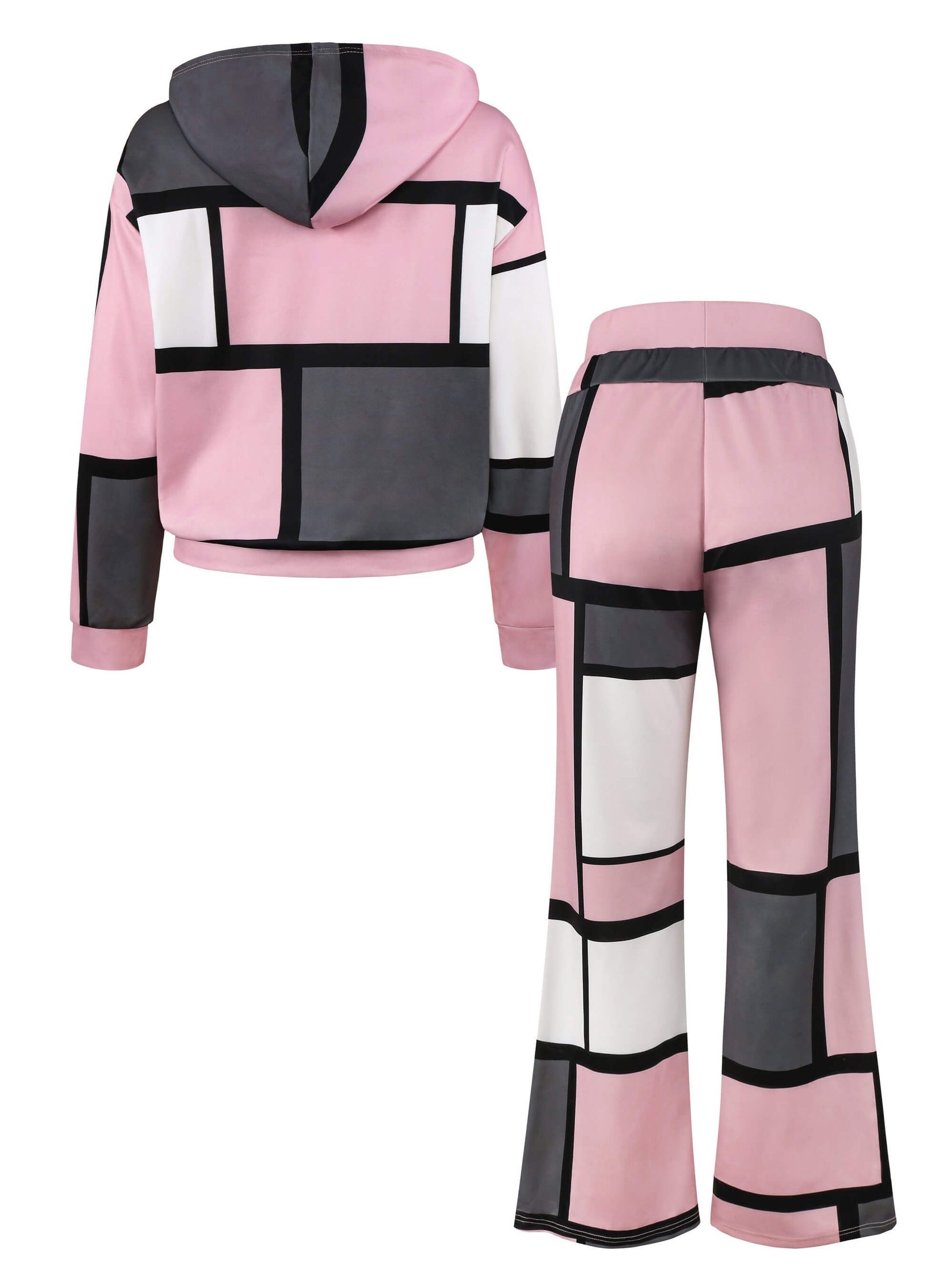 Pink and gray hoodie and pants women's two piece lounge set on a white background