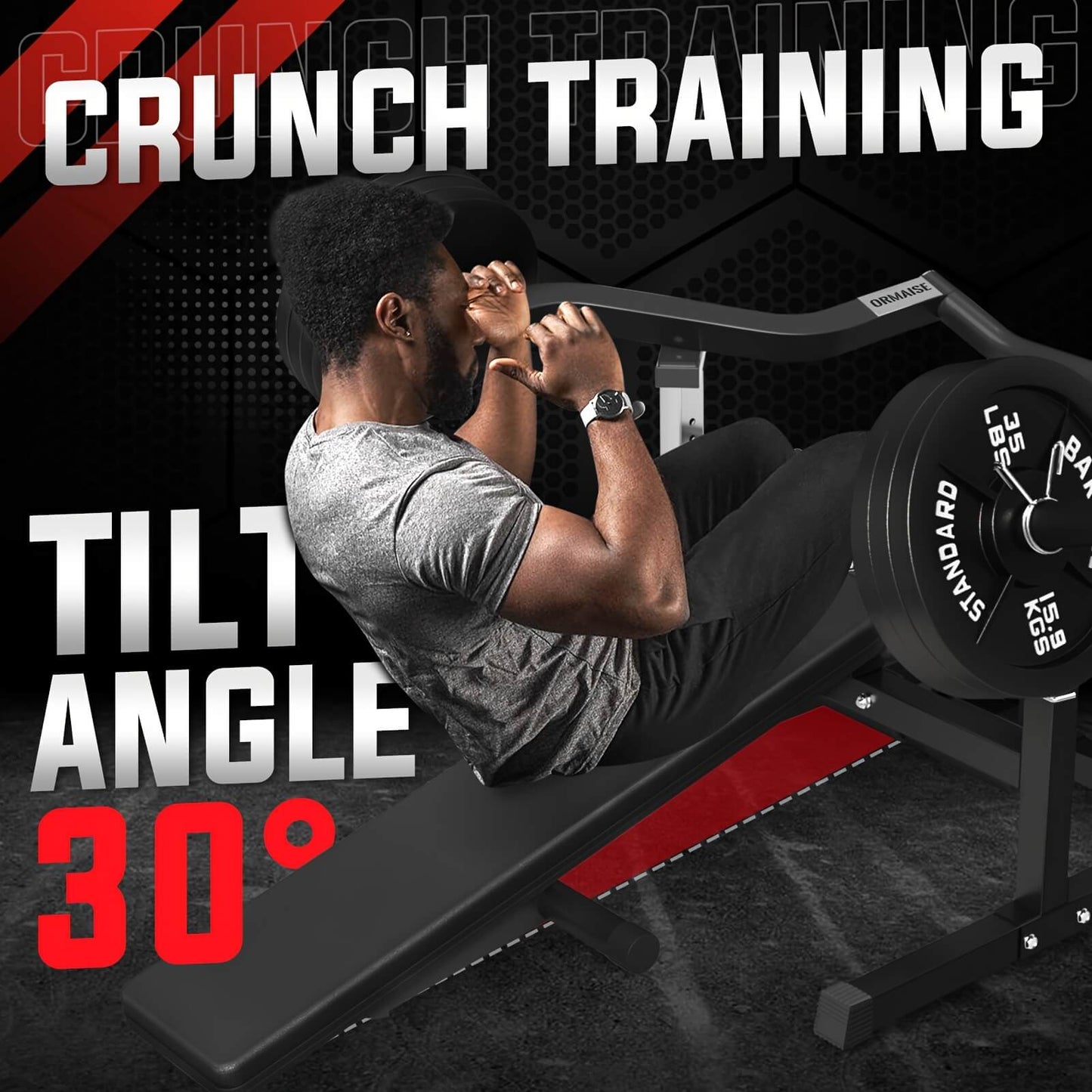 Person using a chest press machine with 'Crunch Training' and 'Tilt Angle 30°' text on a dark background.