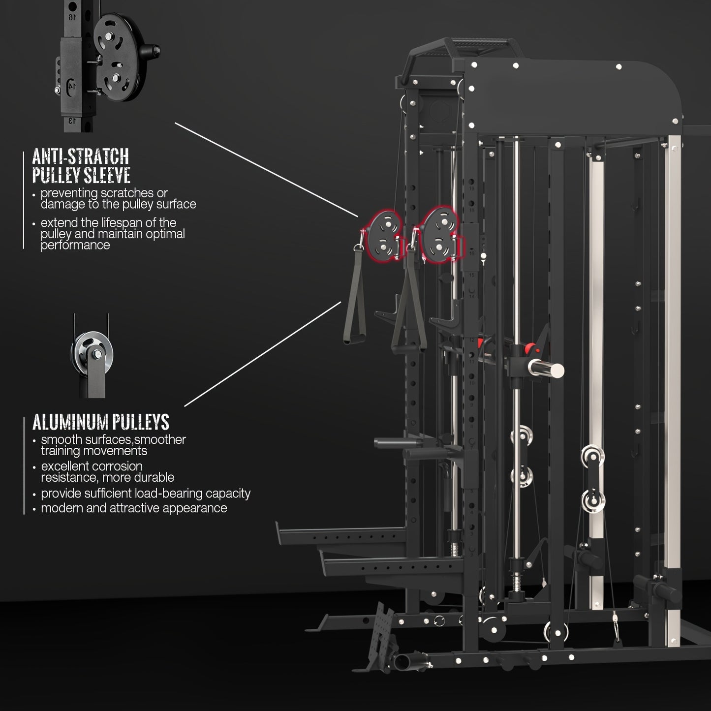 The side view of a home gym smith machine with some labellings