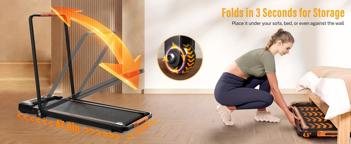 Airhot 2-in-1 under desk treadmill being folded and stored under a bed with text highlighting features.