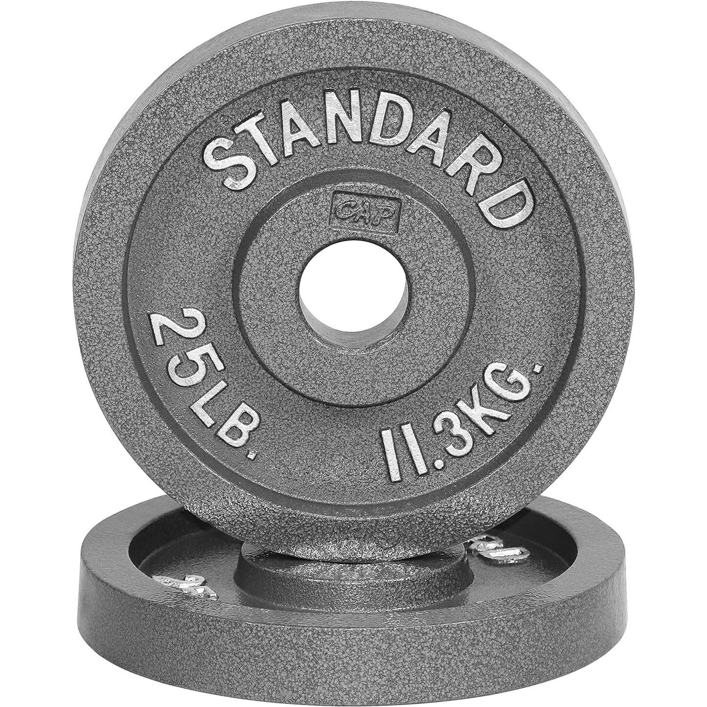 Gray weight plate with 'Standard' and '25 lb.' text on a white background