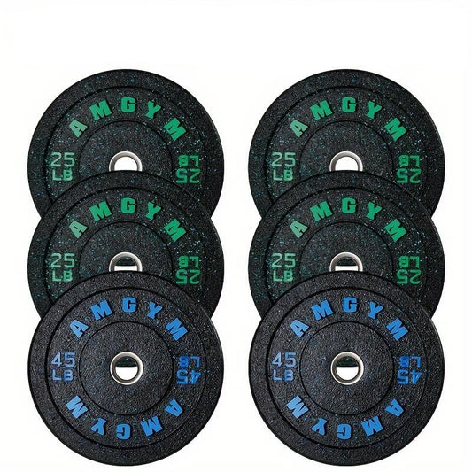 Set of weight plates with labels on a white background