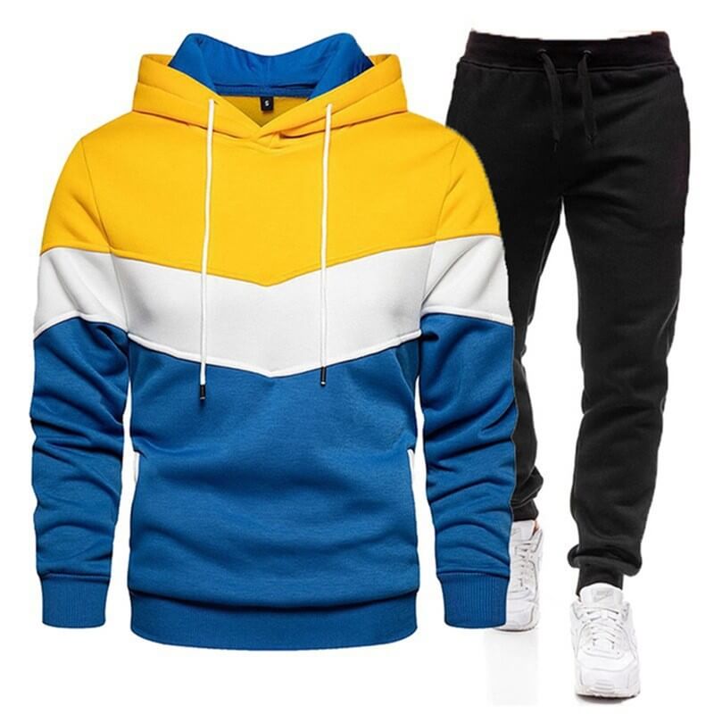 A 2pc Men's Tracksuit color-blocked hoodie and black pants on a white background