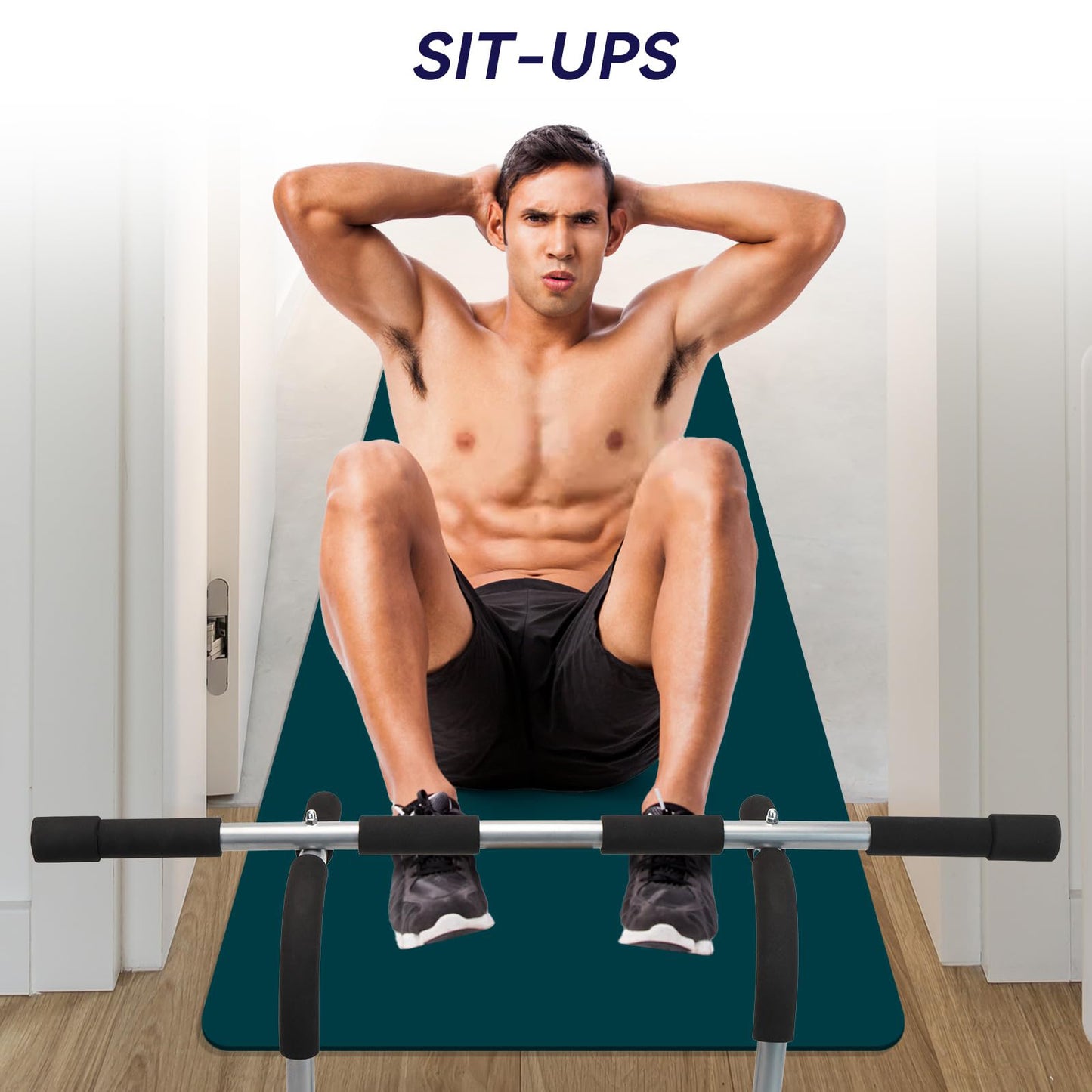 Man performing sit-ups on a fitness mat with a Pull Up Bar For Doorway