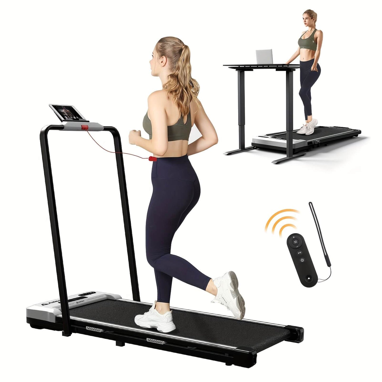 Woman using a Airhot 2-in-1 under desk treadmill with a desk attachment on a white background