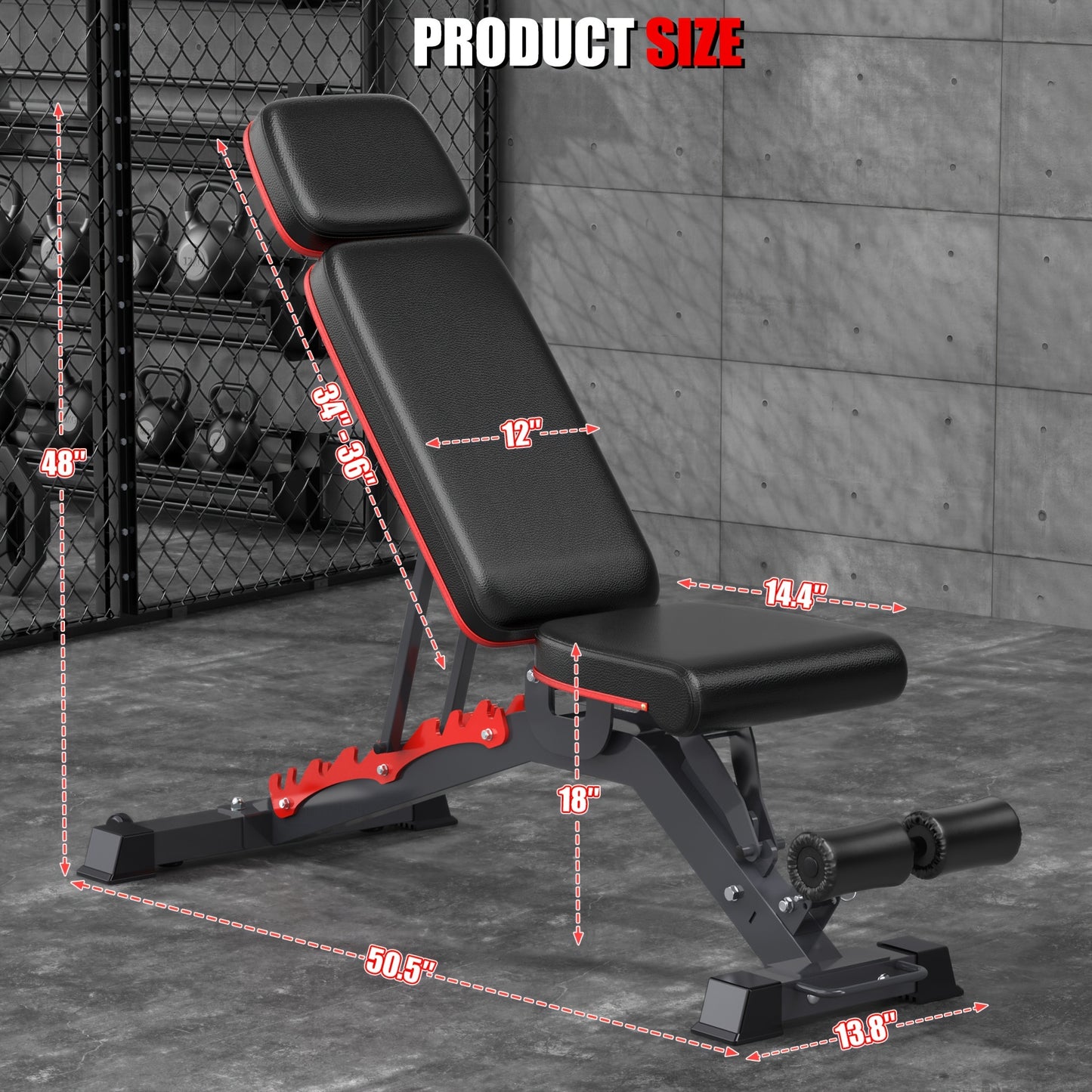 Black and red adjustable weight bench with measurements on a gray floor.