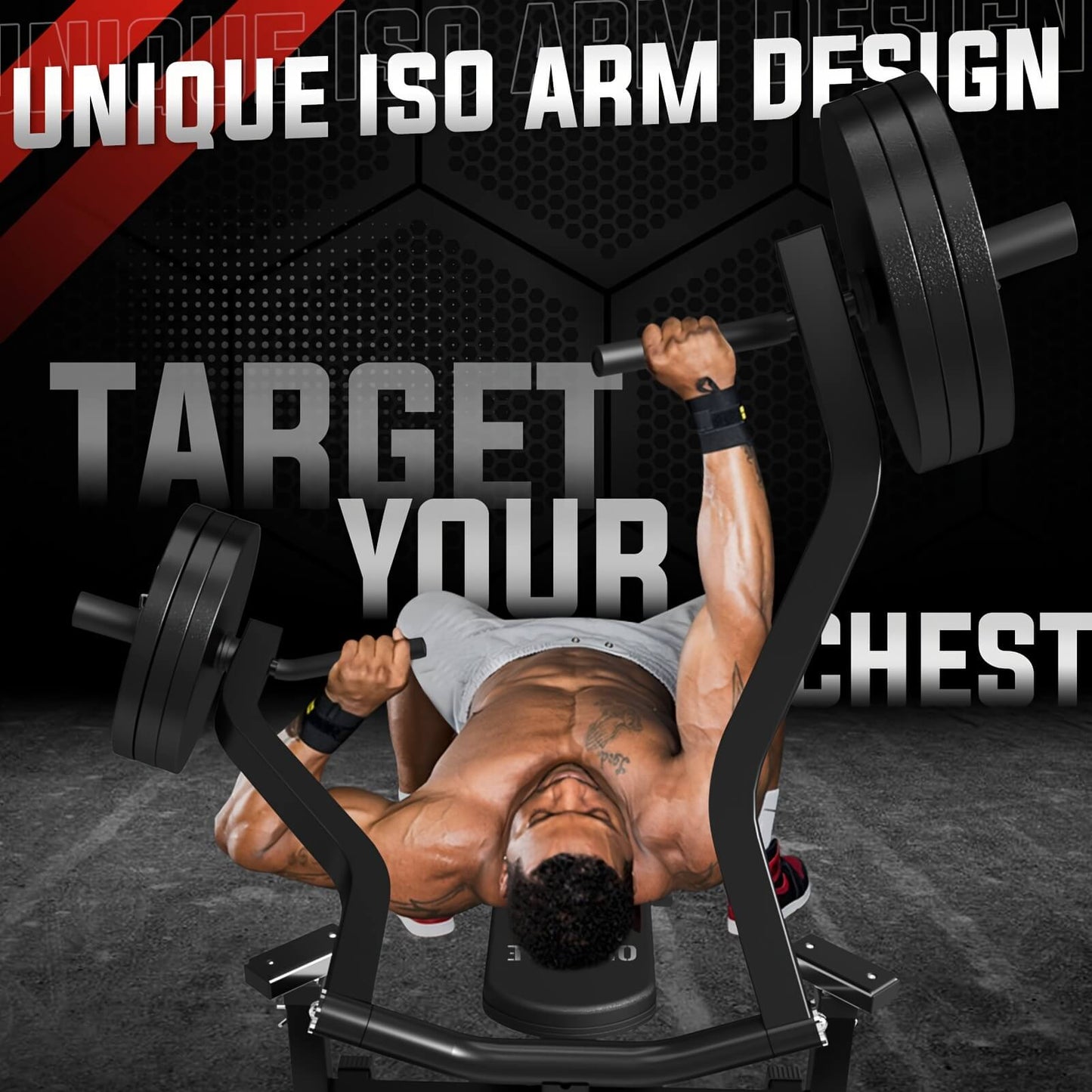 Person performing a bench press with a barbell, promotional text for unique ISO arm design.