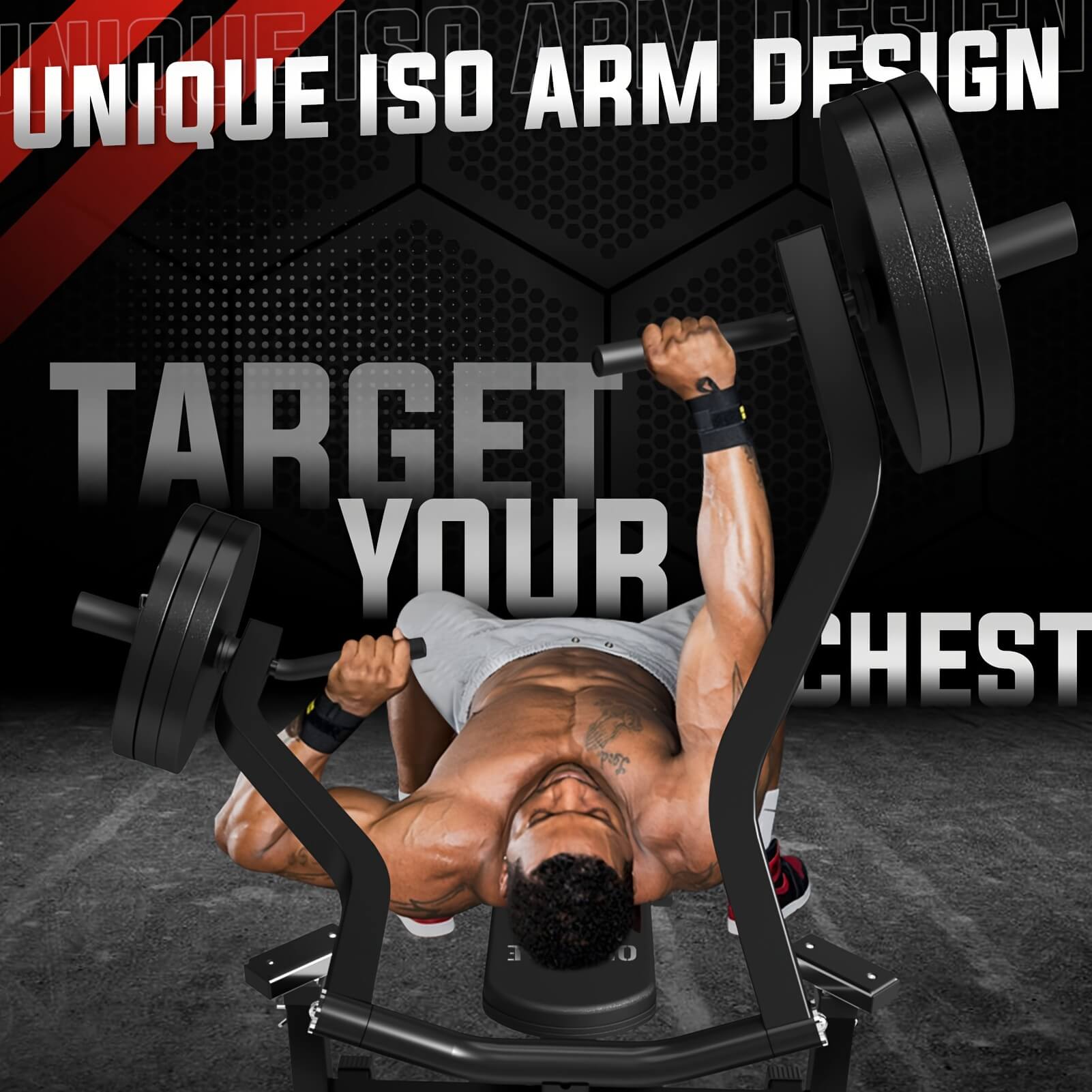 Person performing a bench press with a barbell, promotional text for unique ISO arm design.