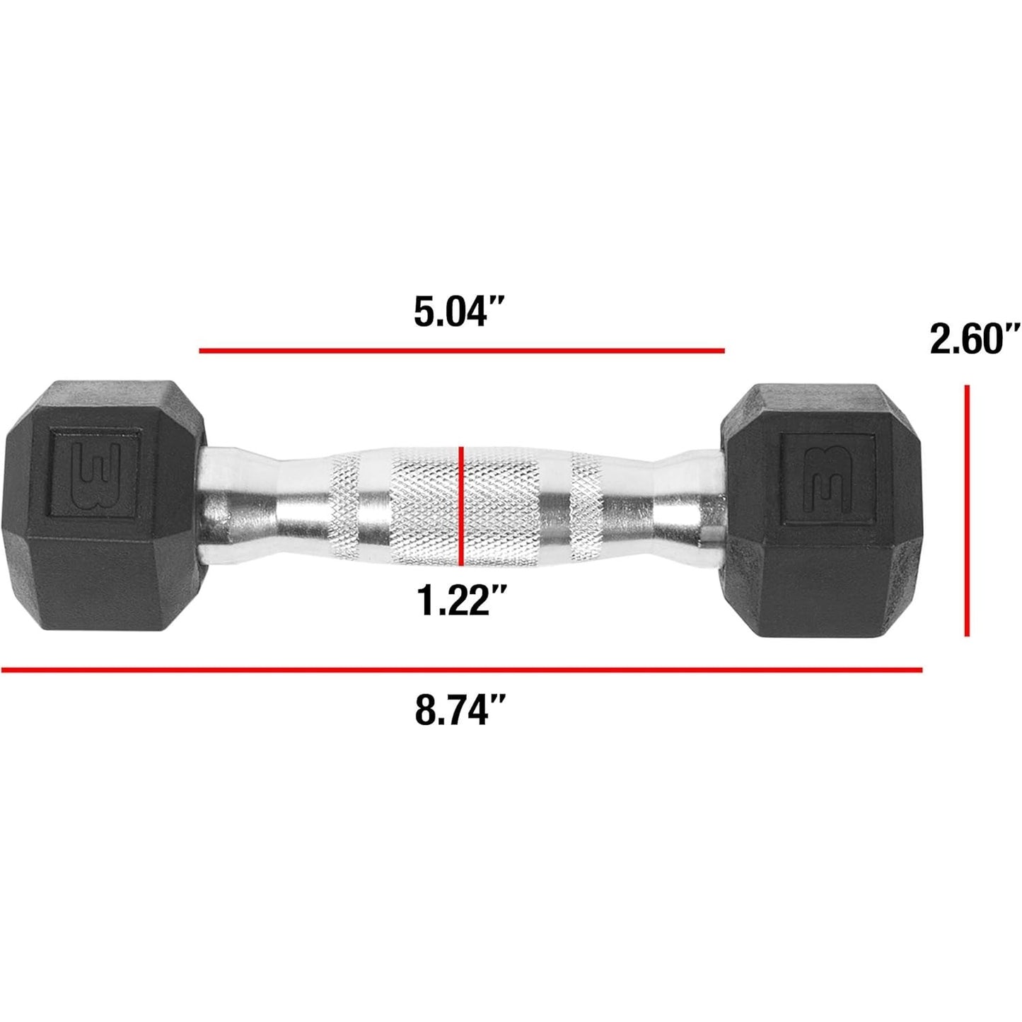 Hexagonal dumbbell with measurements on a white background