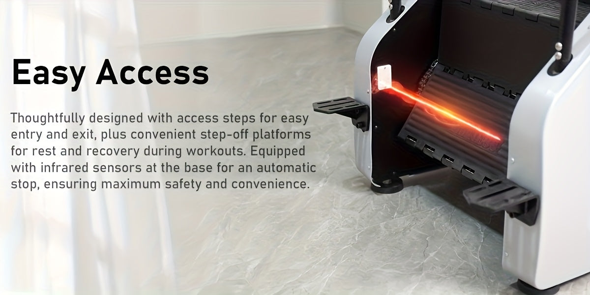 Stair limber machine with easy access steps and infrared sensors on a light background