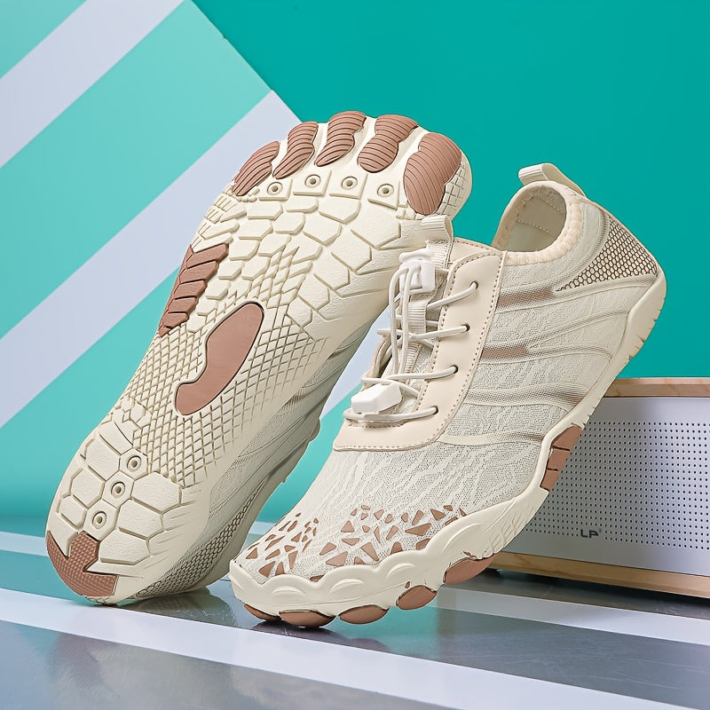 Beige deadlift shoes with brown accents on a geometric background