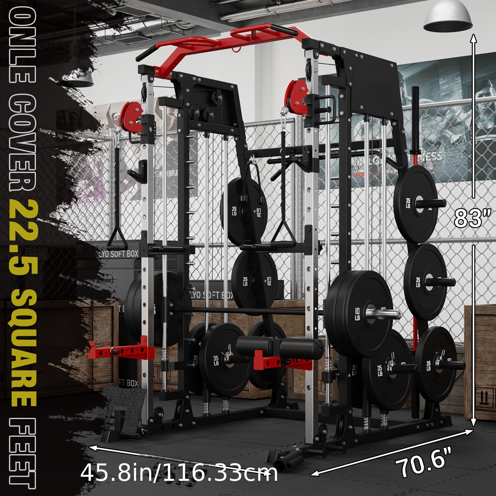 A smith machine with weights in a gym setting, featuring dimensions.