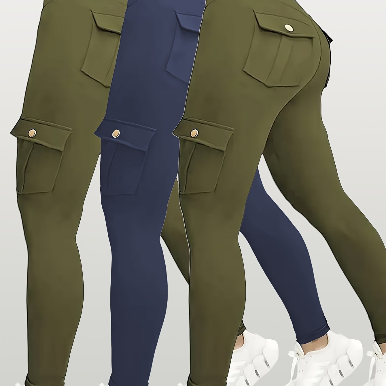 Two pairs of cargo leggings, one green and one navy, on a white background.